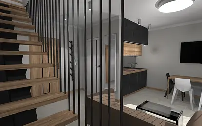 Wnętrze z drewnianymi schodami, czarną kuchnią, industrialne, japandi, minimalistyczne, skandynawskie.