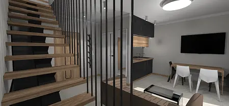 Wnętrze z drewnianymi schodami, czarną kuchnią, industrialne, japandi, minimalistyczne, skandynawskie.