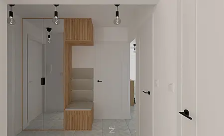 Przedpokój w stylu boho i skandynawskim z drewnianymi akcentami.
