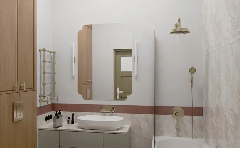 Eklektyczna łazienka w stylu soft minimalizm z vintage akcentami.