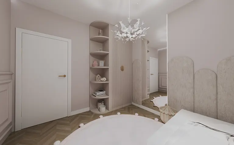 Wnętrze pokoju z różowymi ścianami, minimalistycznym oświetleniem i nowoczesnym umeblowaniem