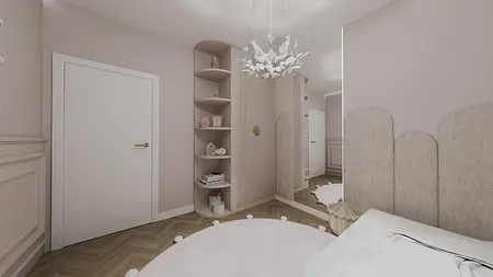 Wnętrze pokoju z różowymi ścianami, minimalistycznym oświetleniem i nowoczesnym umeblowaniem