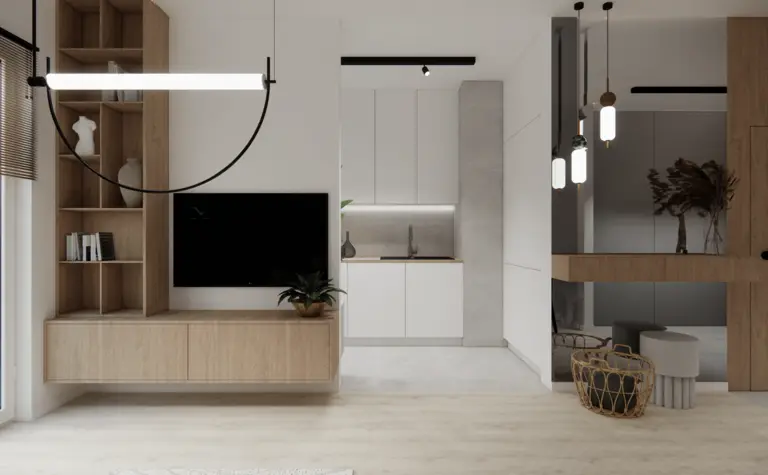 Wnętrze kuchni w stylu minimalistycznym z drewnianymi elementami