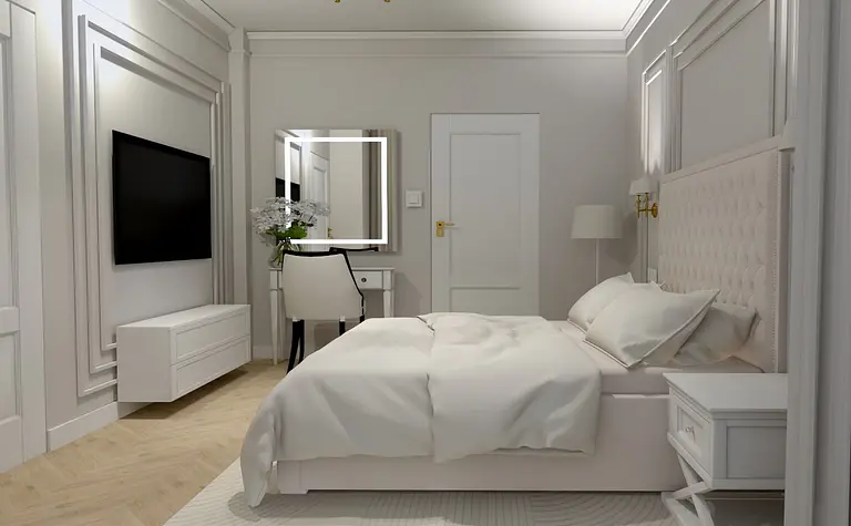 Wnętrze sypialni w stylu glamour i współczesnym z białym łóżkiem i telewizorem.