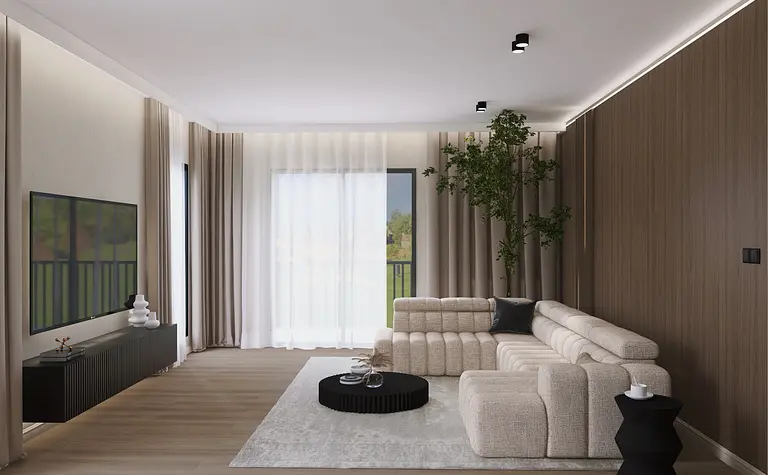 Nowoczesny salon w stylu soft minimalizm z jasną sofą i drewnianą dekoracją.