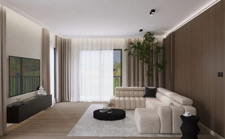 Nowoczesny salon w stylu soft minimalizm z jasną sofą i drewnianą dekoracją.