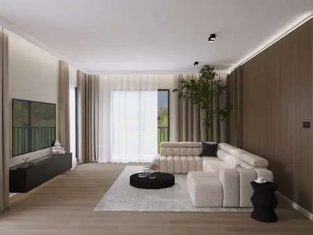Nowoczesny salon w stylu soft minimalizm z jasną sofą i drewnianą dekoracją.