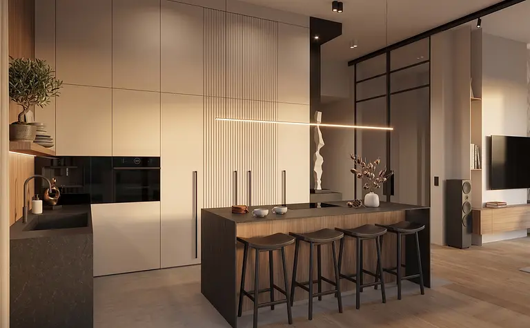 Wnętrze kuchni w stylu japandi i minimalistycznym z drewnianymi elementami.