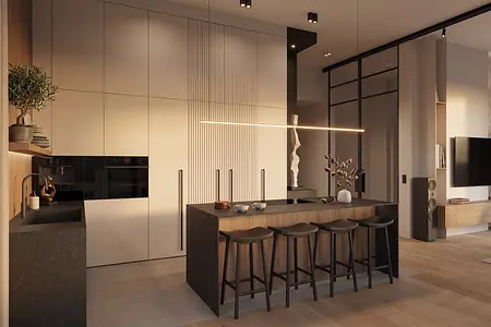 Wnętrze kuchni w stylu japandi i minimalistycznym z drewnianymi elementami.