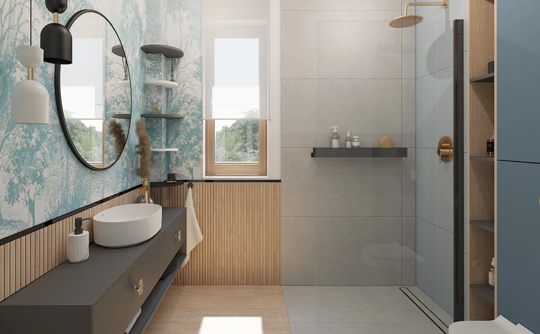 Wnętrze łazienki w stylu art deco z niebieskimi ścianami, minimalistycznym umeblowaniem i glamour detalami.