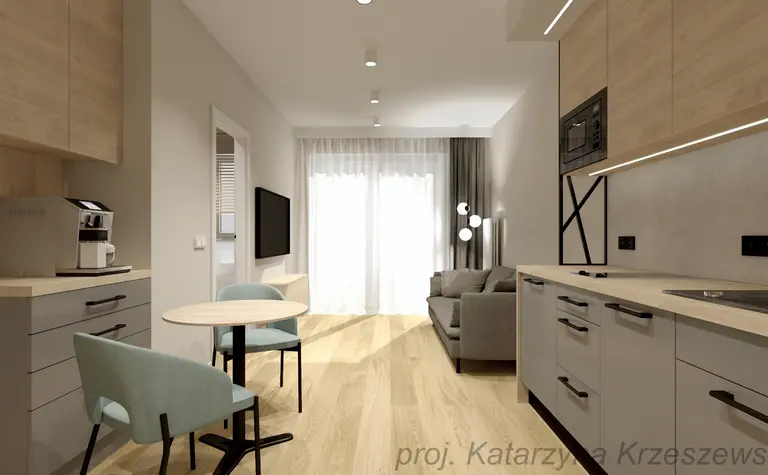 Wnętrze kuchni w stylu industrialnym, minimalistycznym i współczesnym z drewnianymi elementami.