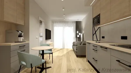 Wnętrze kuchni w stylu industrialnym, minimalistycznym i współczesnym z drewnianymi elementami.