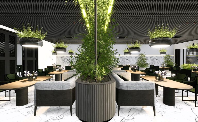 Wnętrze restauracji z zielonymi roślinami i marmurowymi elementami, nowoczesny design.