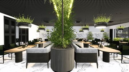 Wnętrze restauracji z zielonymi roślinami i marmurowymi elementami, nowoczesny design.