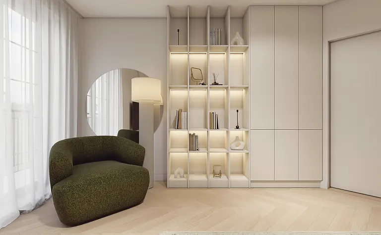 Wnętrze z zieloną sofą, białymi meblami, minimalistycznymi akcentami, soft minimalizm