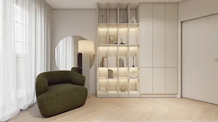 Wnętrze z zieloną sofą, białymi meblami, minimalistycznymi akcentami, soft minimalizm