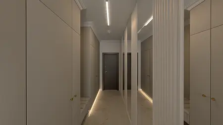 Przedpokój w stylu art deco i glamour z beżowymi meblami i lustrami.