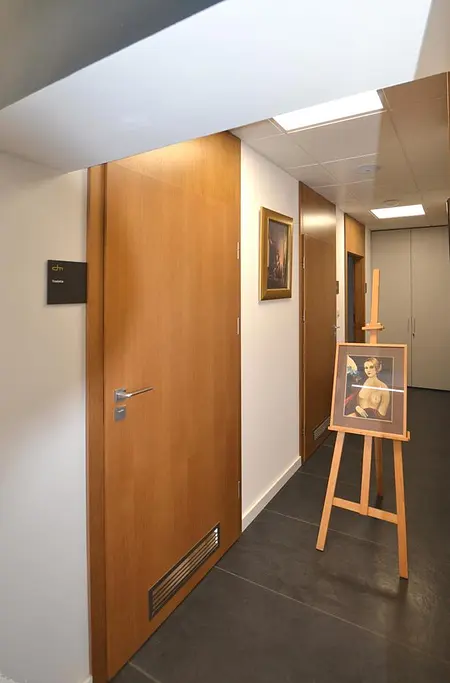 Korytarz z minimalistycznym wystrojem, drewniane drzwi i obraz, styl minimalistyczny i nowoczesny.