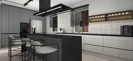 Nowoczesna kuchnia z szarymi meblami, industrialnym blatem i minimalistycznymi akcentami.
