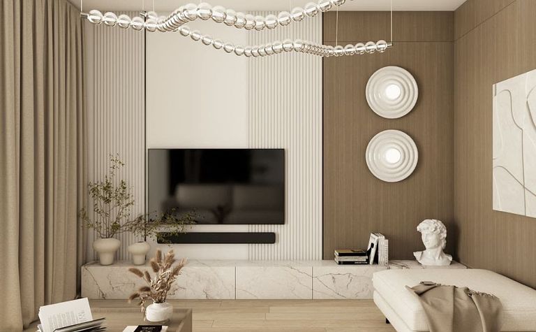 Minimalistyczny i nowoczesny salon z drewnianymi akcentami i soft minimalizmem.
