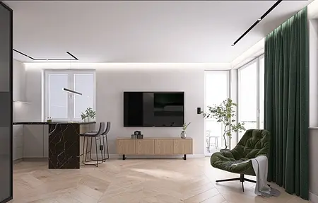 Nowoczesny salon z zielonymi zasłonami, drewnianym stołem i telewizorem na ścianie.