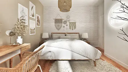 Sypialnia w stylu boho z drewnianymi meblami i dekoracjami eklektycznymi.