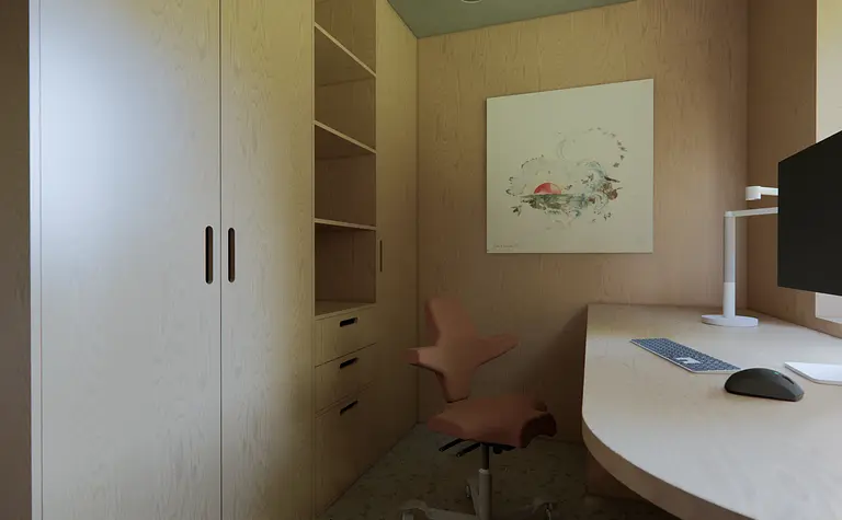 Wnętrze gabinetu w stylu japandi i minimalistycznym z drewnianymi meblami.