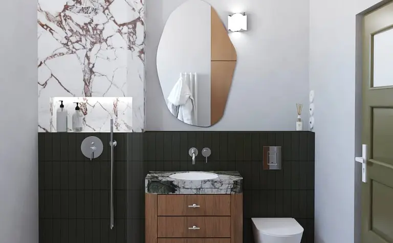 Eklektyczna łazienka z elementami vintage i soft minimalizmu, z marmurową umywalką.