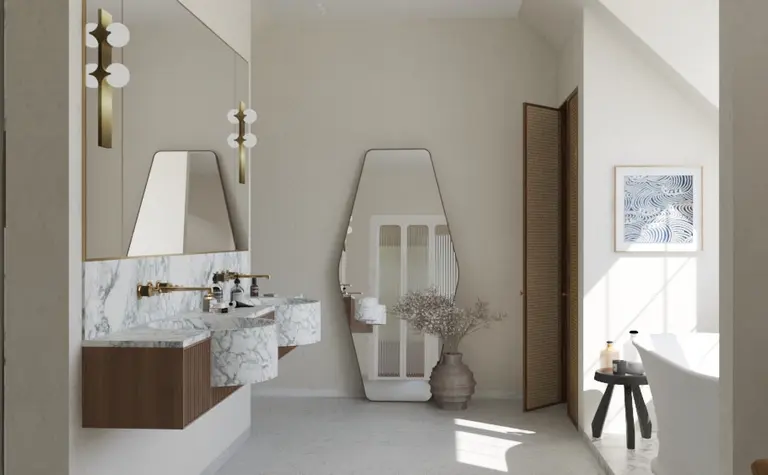 Nowoczesna łazienka w stylu art deco z marmurem i minimalistycznym oświetleniem.