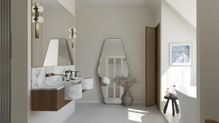 Nowoczesna łazienka w stylu art deco z marmurem i minimalistycznym oświetleniem.