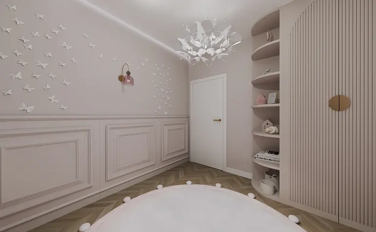 Wnętrze pokoju dziecięcego w stylu minimalistycznym, nowoczesnym i współczesnym, z różowymi akcentami.
