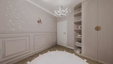 Wnętrze pokoju dziecięcego w stylu minimalistycznym, nowoczesnym i współczesnym, z różowymi akcentami.