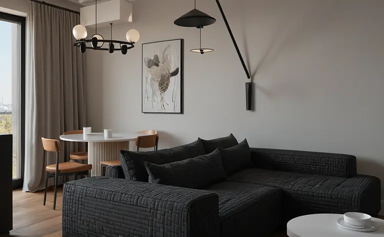 Wnętrze salonu z minimalistycznym wystrojem, industrialnymi akcentami, szarymi ścianami oraz czarną sofą.