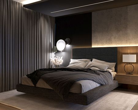 Sypialnia w stylu quiet luxury i współczesnym z szarym łóżkiem i dekoracyjnymi zasłonami.