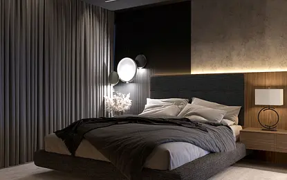 Sypialnia w stylu quiet luxury i współczesnym z szarym łóżkiem i dekoracyjnymi zasłonami.