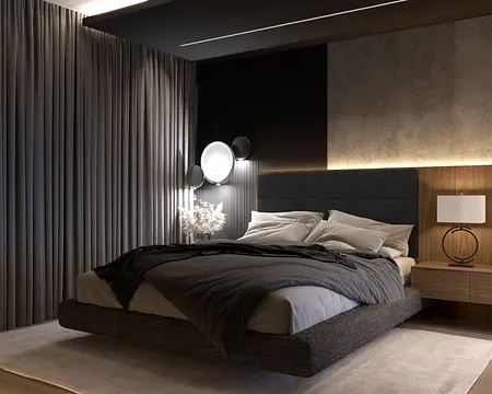 Sypialnia w stylu quiet luxury i współczesnym z szarym łóżkiem i dekoracyjnymi zasłonami.