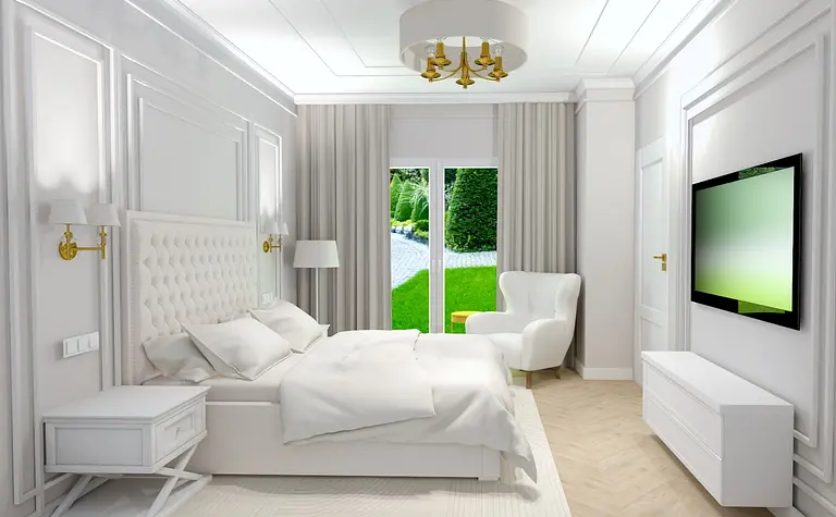 Wnętrze sypialni z białym łóżkiem, złotymi lampami i nowoczesnymi detalami.