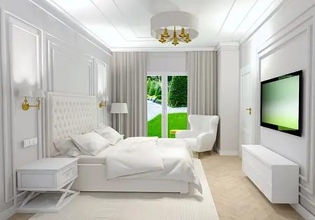 Wnętrze sypialni z białym łóżkiem, złotymi lampami i nowoczesnymi detalami.