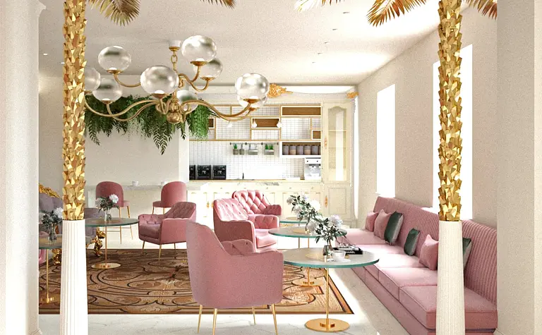 Stylowe wnętrze salonu w stylu glamour, minimalistycznym i minimaluxe z różowymi meblami.