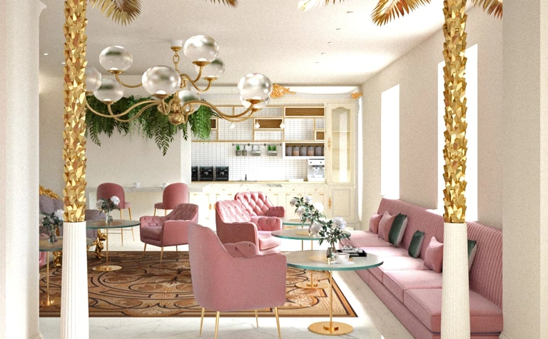 Stylowe wnętrze salonu w stylu glamour, minimalistycznym i minimaluxe z różowymi meblami.