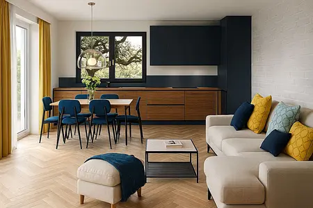 Stolik z niebieskimi wazonami i drewnianymi kulami, nowoczesny design
