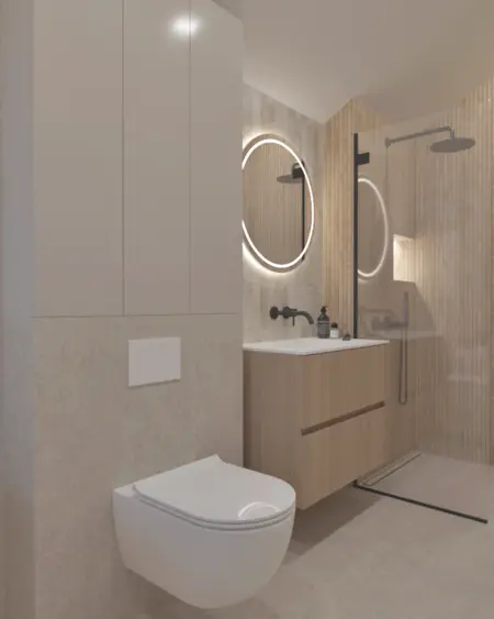 Wnętrze łazienki w stylu boho i minimalistycznym z drewnianymi detalami.
