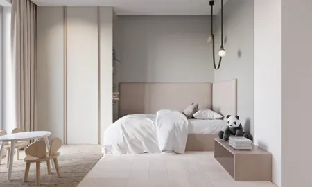 Pokój dziecięcy w stylu japandi z białymi i beżowymi elementami.