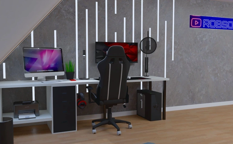 Gabinet w stylu soft minimalizm z biurkiem i nowoczesnym komputerem.