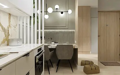 Nowoczesna kuchnia w stylu japandi z białym blatem, drewnianymi detalami i jasnym oświetleniem.