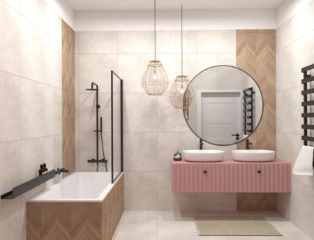 Wnętrze łazienki z elementami art deco, boho i tradycyjnymi akcentami