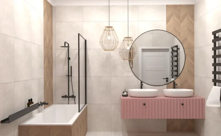 Wnętrze łazienki z elementami art deco, boho i tradycyjnymi akcentami