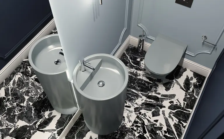 Nowoczesna łazienka z szarym umywalką i czarnym marmurowym podłogą, dopamine decor, eklektyczny.