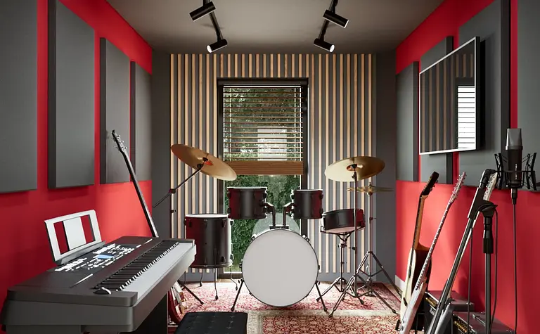 Studio muzyczne w stylu eklektycznym z czerwonymi ścianami, fortepianem i perkusją.