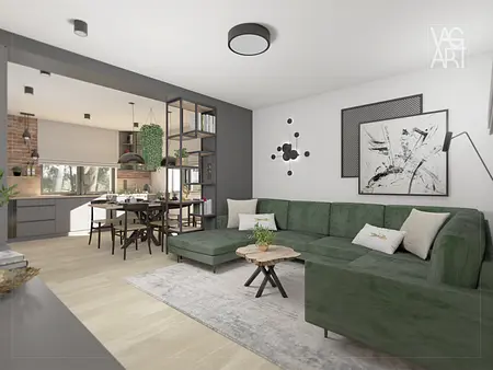 Wnętrze salonu w stylu industrialnym z zieloną sofą i drewnianym stołem.